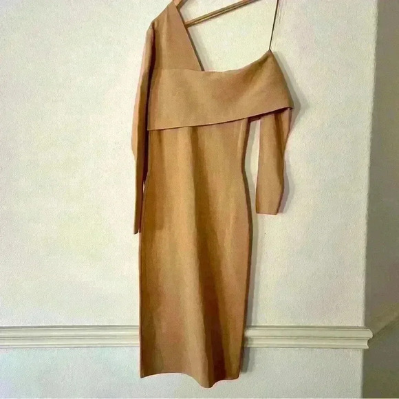 Reiss Ella Dress One Shoulder Long Sleeve BodyCon Knit Camel Midi Academia Sexy - Picture 4 of 12